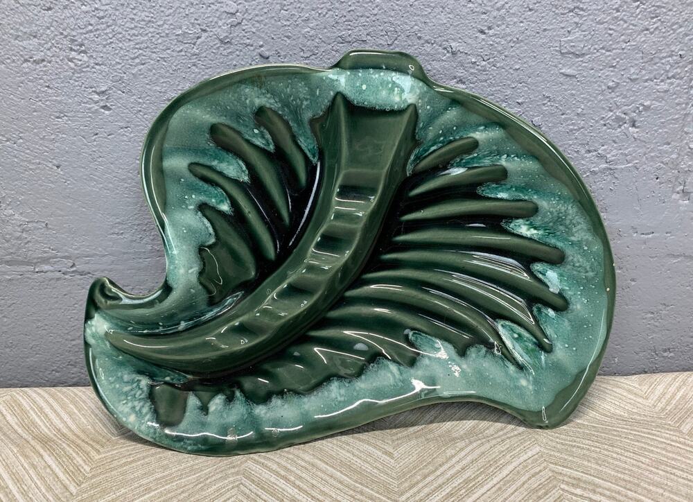 Large Vintage Cigar Ashtray MCM  Green Ceramic Drip Glaze Swirl Office Man Cave